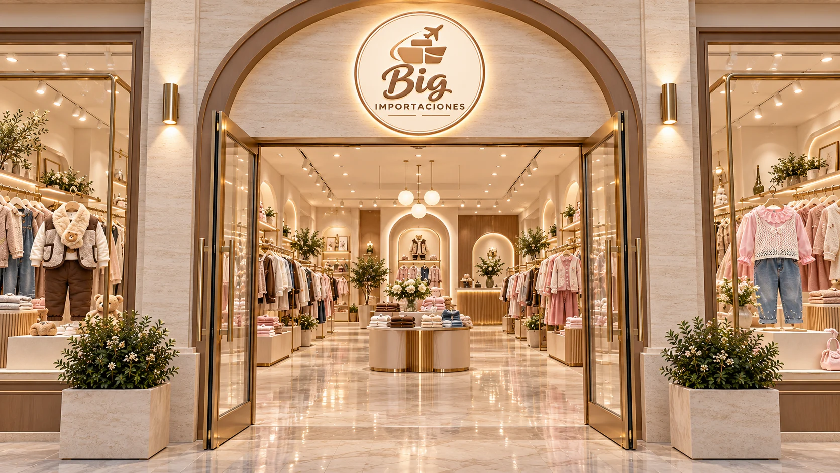 Entrada virtual de Big Importaciones con arcos crema, puertas de bronce y una colección de ropa infantil